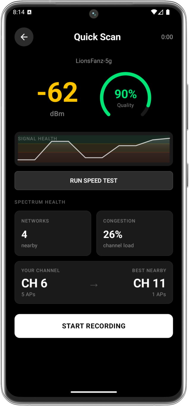Quick scan showing signal strength and channel analysis