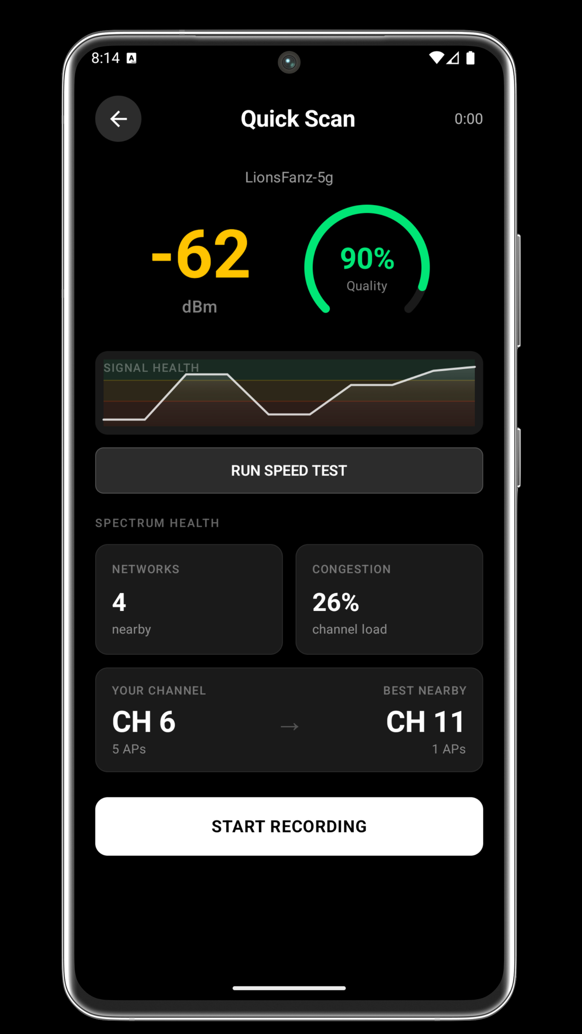 SignalSketch Quick Scan showing signal strength and channel analysis